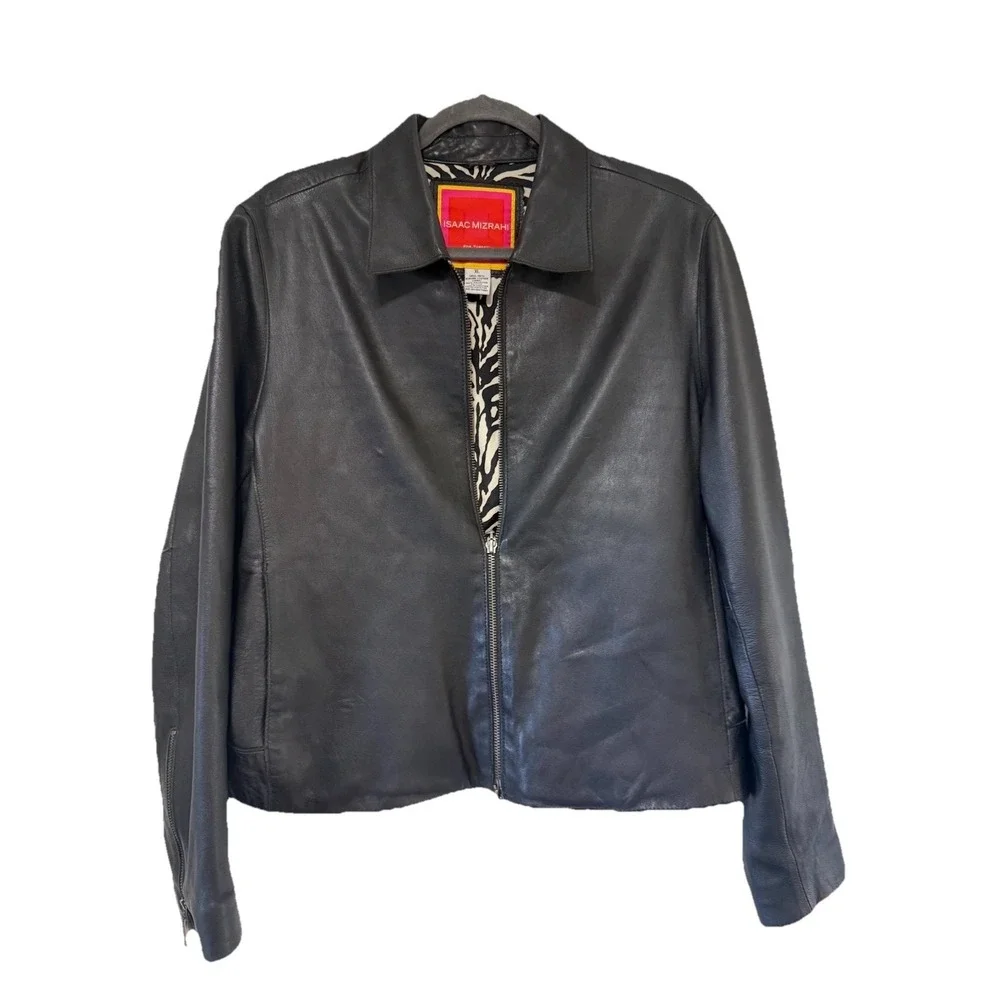 Vintage Isaac Mizrahi Black Leather Jacket Zebra Lining‎ Zip Moto Womens Sz XL